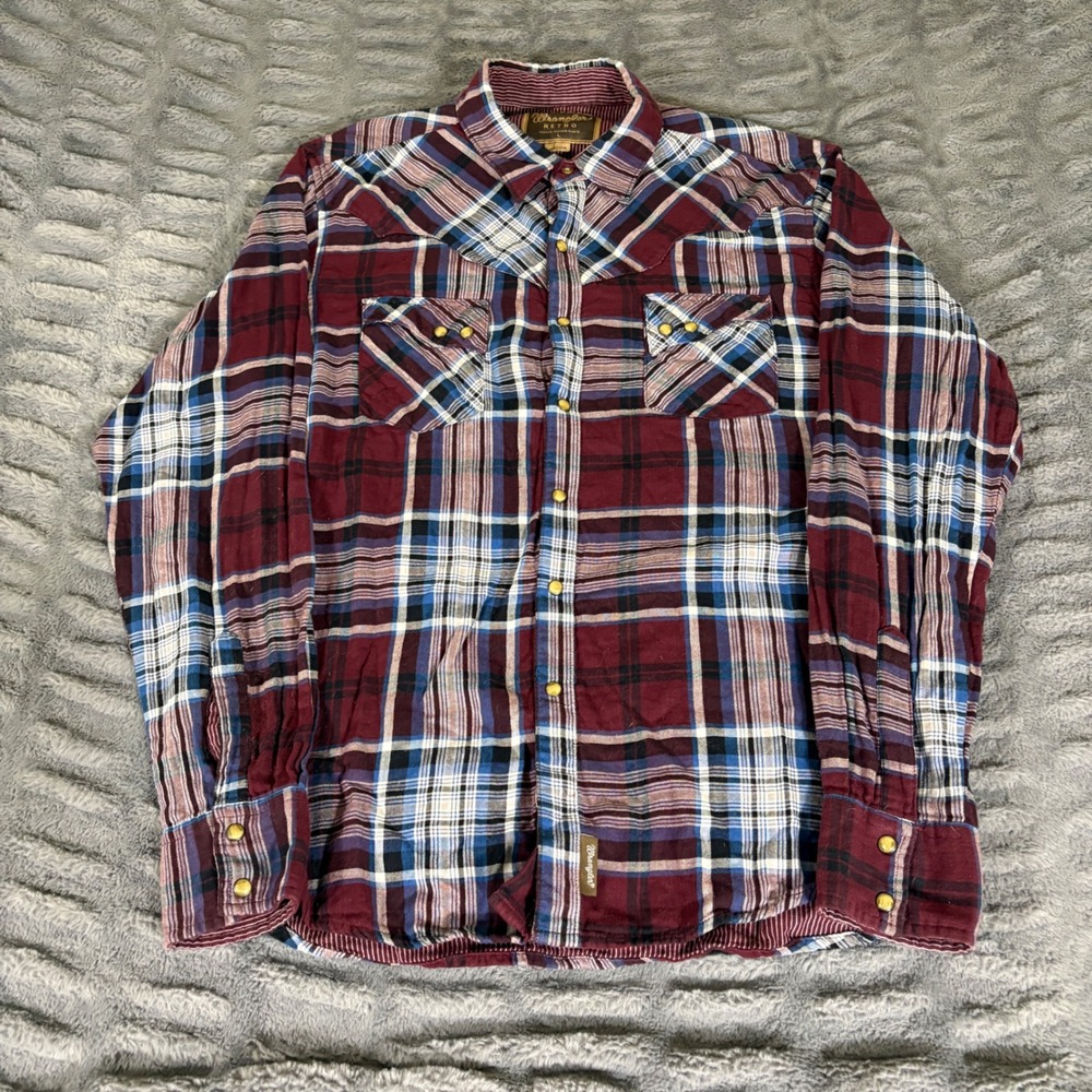 Wrangler Retro Mens Large Burgundy Blue Plaid Western Pearl Snap Shirt MVR236M